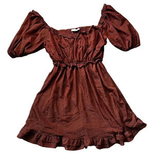 By The River Puff Sleeve Brown Black Dots Short Dress Off Shoulder Size Medium